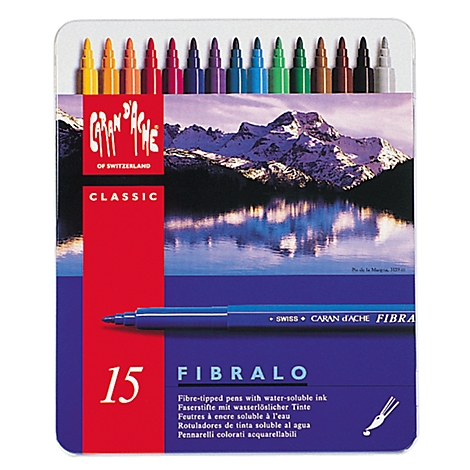 Caran d'Ache pen set with 15 felt-tip pens in different colors. A mountain panorama is depicted on the packaging.