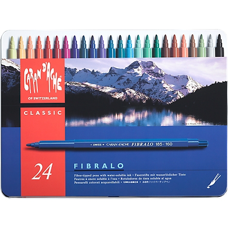 Set of 24 fibre-tip pens in a metal box. The lid shows a mountain panorama. Inscription: Caran d'Ache.