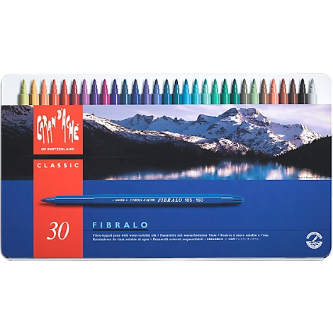 Set of pens in a box with mountains in the background. Single pen lies in front. Text: "Fibralo"