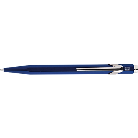 Blauer Kugelschreiber, teilweise mit silbernen Metallteilen.