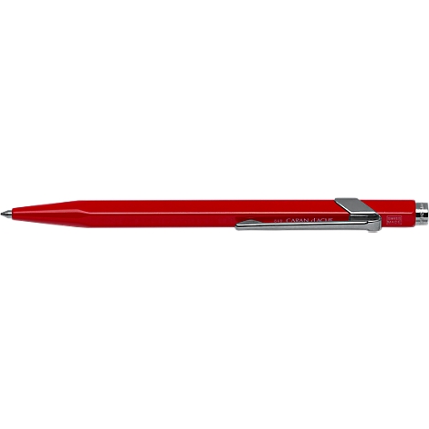 Roter Kugelschreiber, Detailansicht. Silberfarbener Clip.