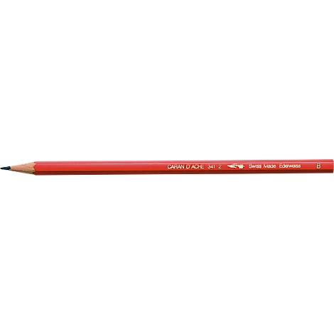 A red pencil that tapers to a point. Text can be seen on the pencil.