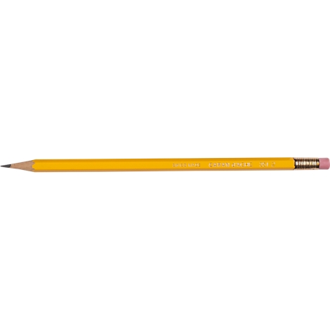 Yellow pencil, tapering to a point with a pink eraser.