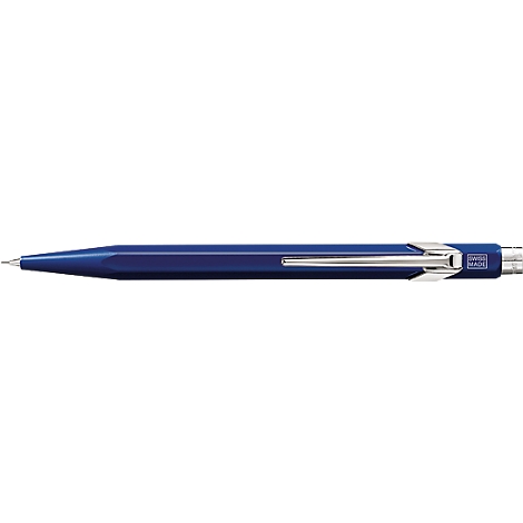 A blue ballpoint pen with silver accents. The pen shows a clear design, with a glossy finish and a clip.