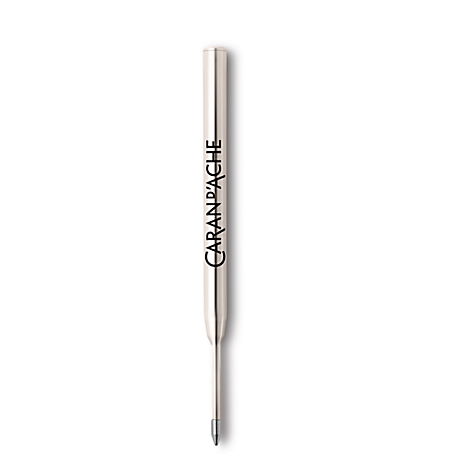 A metallic Caran d'Ache ballpoint pen refill with the brand name. It lies on a white background.