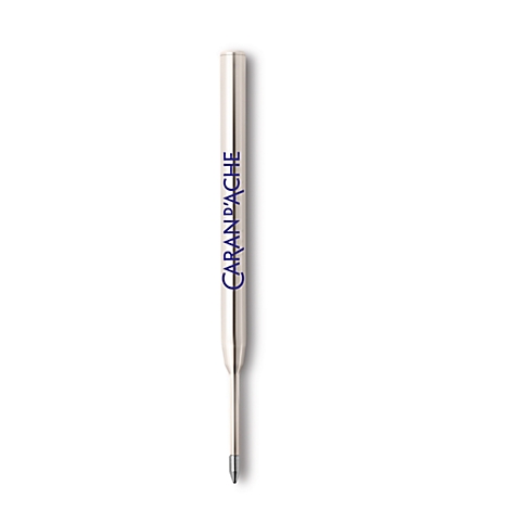 Close-up of a silver ballpoint pen refill with blue lettering CARAN D'ACHE.