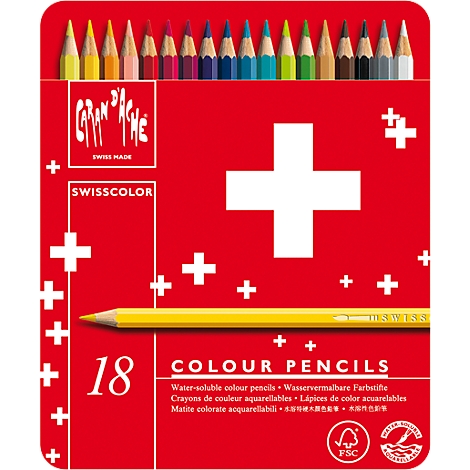 Red crayon box with 18 colored pencils. Top: colored pencils. Swiss logo.