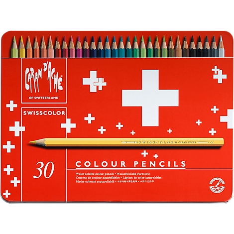 Red box of 30 colored pencils, Swiss crosses and lettering: "Carand'Ache", "Swisscolor", "Colour Pencils".