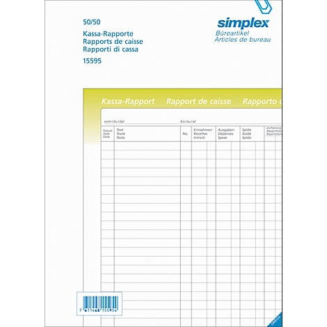 Cash report with columns and rows. At the top is "Simplex office supplies".