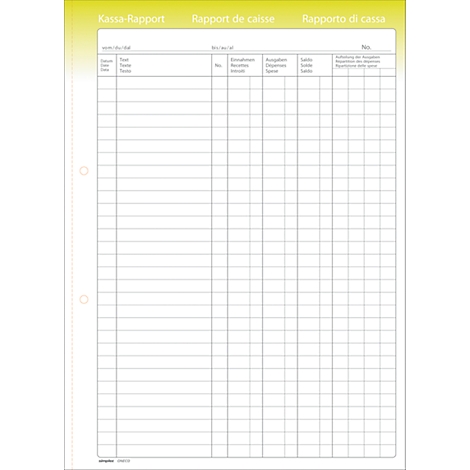 A blank cash report form with columns for data and details, headings in German, French, and Italian.