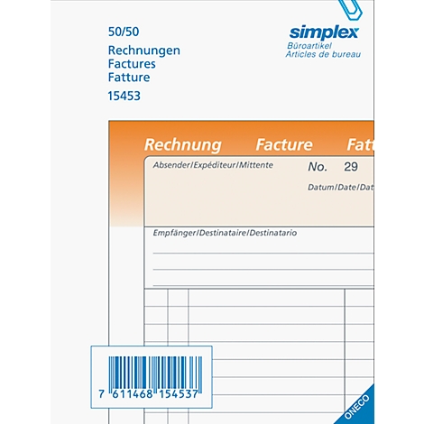 A white invoice form with text in multiple languages. "50/50" is at the top left, the "simplex" logo on the right.
