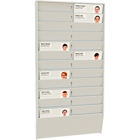 White wall-mounted rack with name tags and portraits. The name tags are arranged in rows.