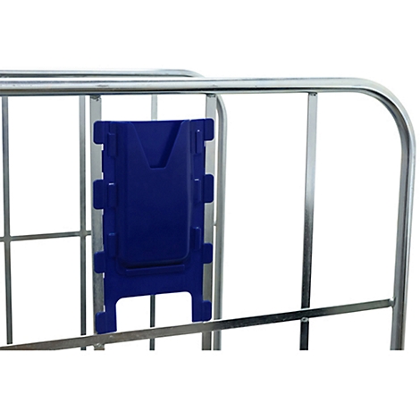 A blue plastic part attached to a metal grid. It is a detail image.