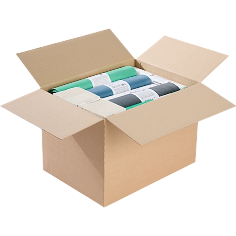 Open cardboard box containing rolled trash bags in various colors.