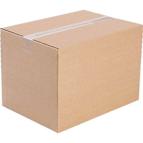 Cardboard box sealed with tape. Brown color, rectangular shape.
