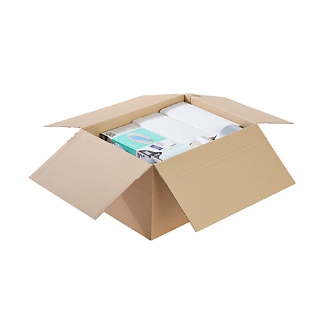 Open brown cardboard box with contents, including white rolls and packaged products.