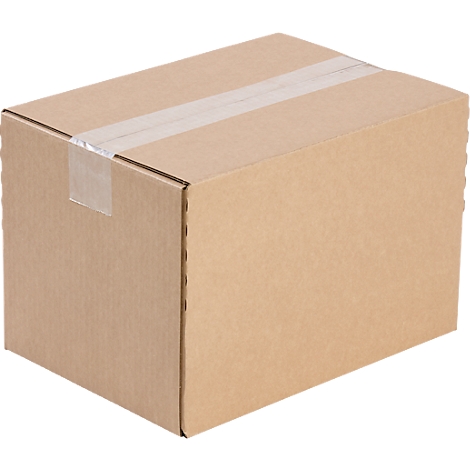 Cardboard box with tape. Brown box, a strip of tape runs across the top.