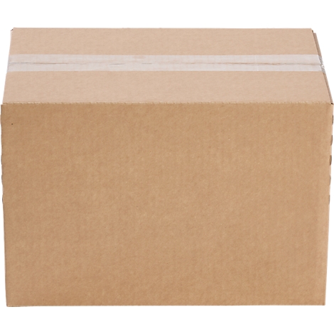 Cardboard box in shades of brown. It's sealed with two pieces of tape.