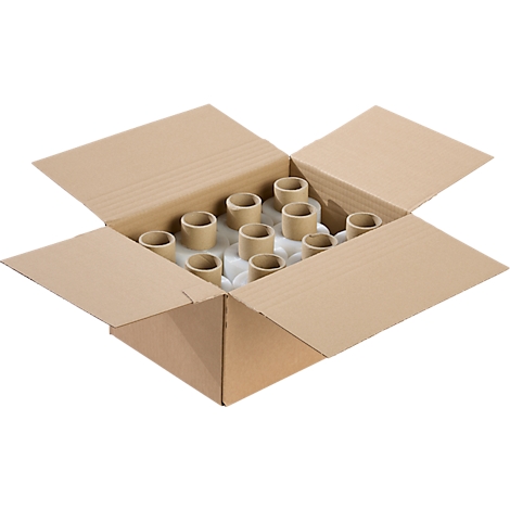 Open cardboard box filled with cylindrical rolls, presumably containing paper or film. The box stands against a light background.