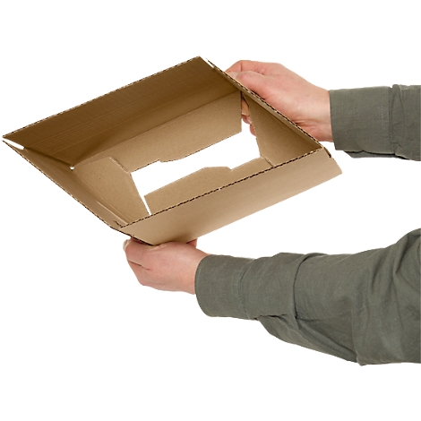 Hands holding an open, square cardboard box.