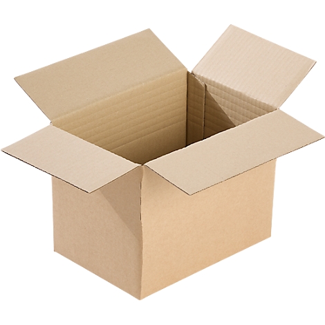 Open, brown cardboard box with flaps folded up.