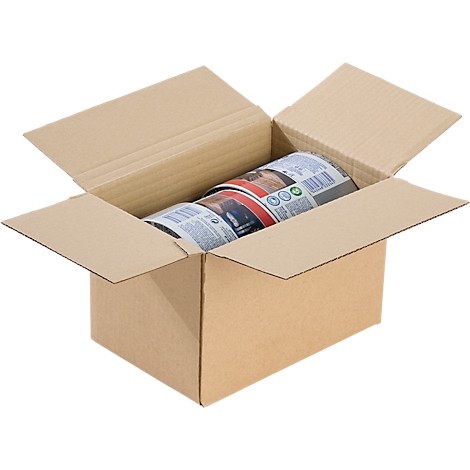 An open cardboard box with a roll of packaged products.