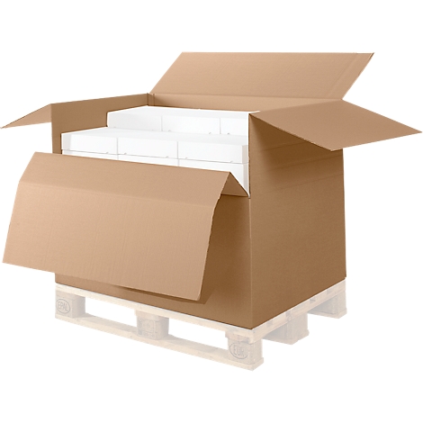 Open cardboard box on a pallet, filled with white packages.