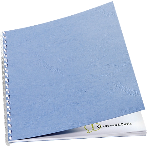 Light blue spiral-bound notebook, open. Underneath are white pages, lettering: Cordovan&Cutis.