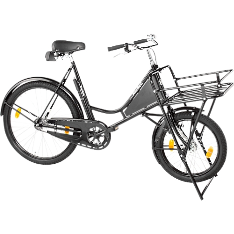 Black bicycle with front basket, side stand, and fenders.