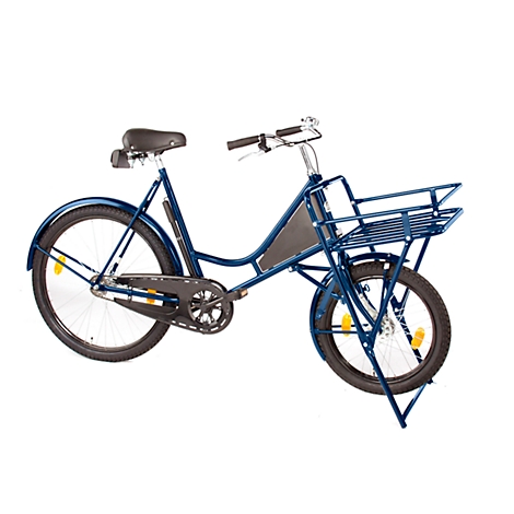 Blue bicycle with luggage carrier and black saddle against a white background.