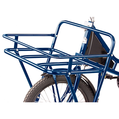 Blue bicycle basket, back view. The wheel and parts of the frame are visible.
