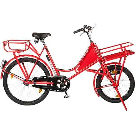 Red transport bike with luggage carrier and basket. The bike has black tires, a black saddle and a black chain guard.