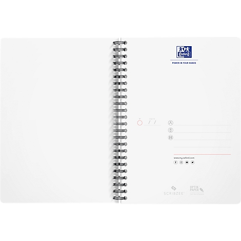 Cahier blanc ouvert avec spirale. Le logo et l'espace pour les informations sont sur le côté droit.