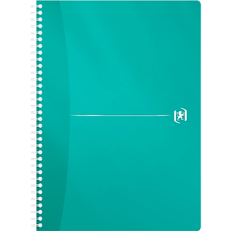 Cahier turquoise avec spirale. Logo en bas à droite. Ligne blanche horizontale.