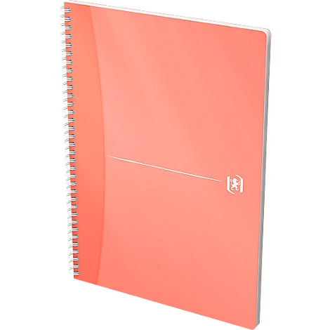 Un cahier de couleur corail avec une reliure à spirale. Une ligne blanche et un logo sont représentés sur la face avant.