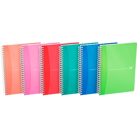Blocs-notes à spirale multicolores côte à côte, en orange, rose, rouge, turquoise, bleu et vert. Le papier est blanc, la spirale aussi.