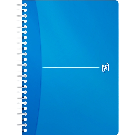 Cahier bleu avec spirale et trait blanc. Petit logo sur le côté droit.