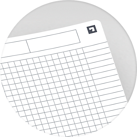 Gros plan sur une feuille de cahier quadrillée. En haut se trouve un champ, à côté un petit carré avec un symbole de flèche.