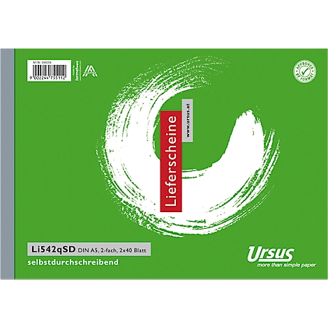 Bloc vert avec cercle au pinceau blanc. Rectangle rouge avec 'Lieferscheine'. Lettrage 'Ursus'.
