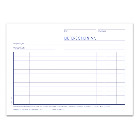 Un formulaire de livraison blanc avec un cadre bleu et l'inscription 'Lieferschein Nr.' (Bon de livraison n°).