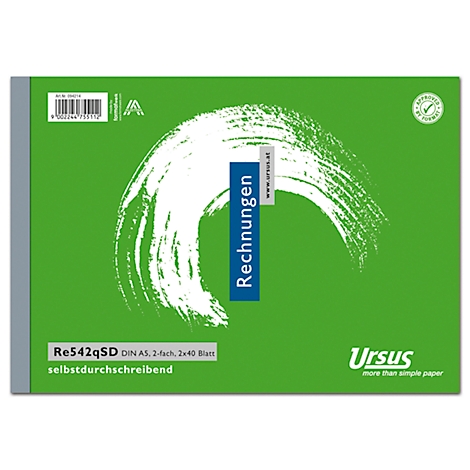 Carnet de factures vert avec motif abstrait blanc, étiquette "Rechnungen", logo "Ursus". DIN A5, autocopiant.