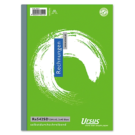 Carnet de factures vert avec un coup de pinceau blanc et du texte bleu. Inscriptions "Rechnungen", nom du produit et logo en bas à droite.