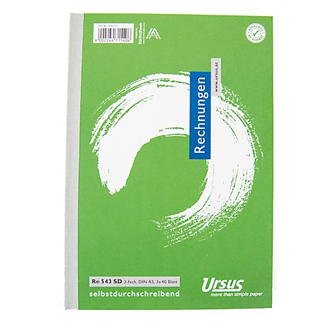 Carnet de factures vert avec motif blanc. Texte "Ursus" à droite.