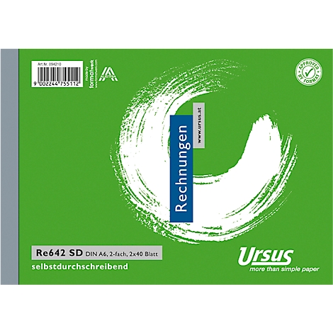 Bloc de factures vert avec logo cercle blanc et lettrage bleu "Rechnungen". Bordure grise à gauche, info produit en bas.