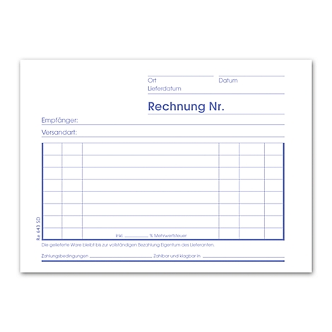 Facture, papier blanc avec texte bleu : Rechnung Nr. et champs pour les détails.