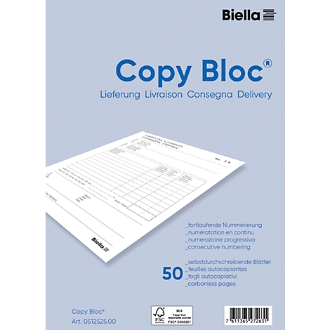 Fond bleu avec bloc blanc, nom du produit Copy Bloc, 50 feuilles, numérotation consécutive.