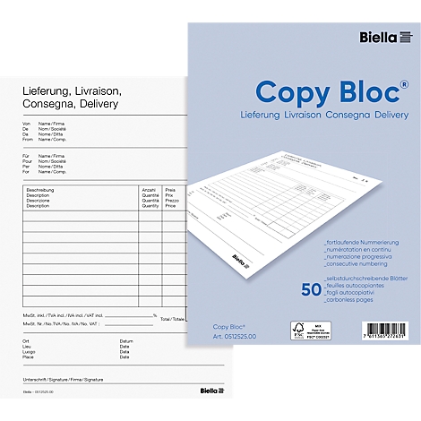 Un bloc blanc avec l'impression 'Copy Bloc', à côté d'un formulaire de livraison.