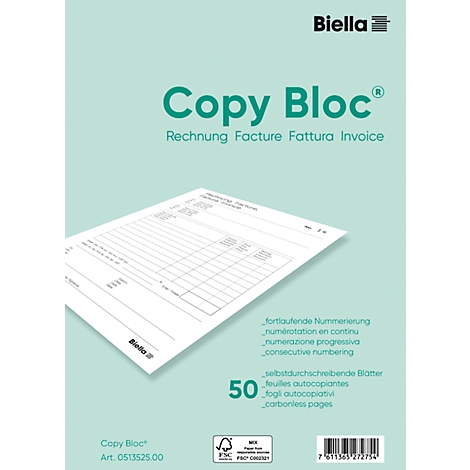 Bloc de copies blanc avec formulaire de facture. Le titre vert se lit : Copy Bloc. En dessous les mots Rechnung, Facture, Fattura, Invoice.