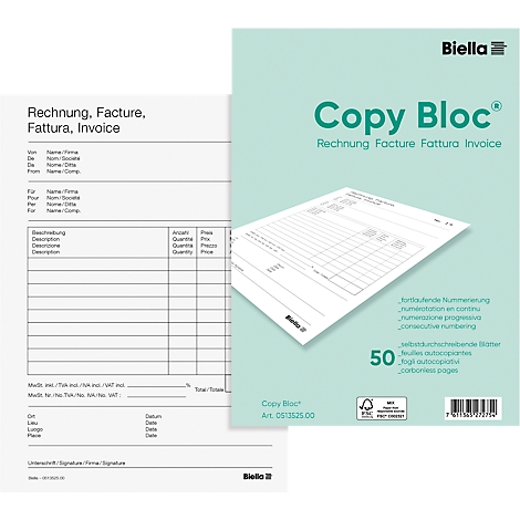 Un bloc de papier de facture, à gauche avec des lignes de texte et à droite avec une couverture "Copy Bloc".