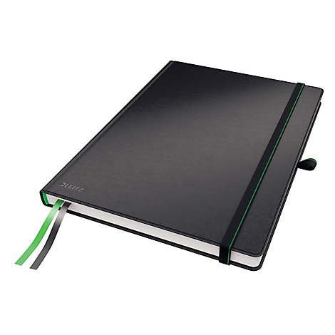 Cahier noir avec élastique, marque-pages et logo 'LEITZ'. Rubans de signet verts et gris.